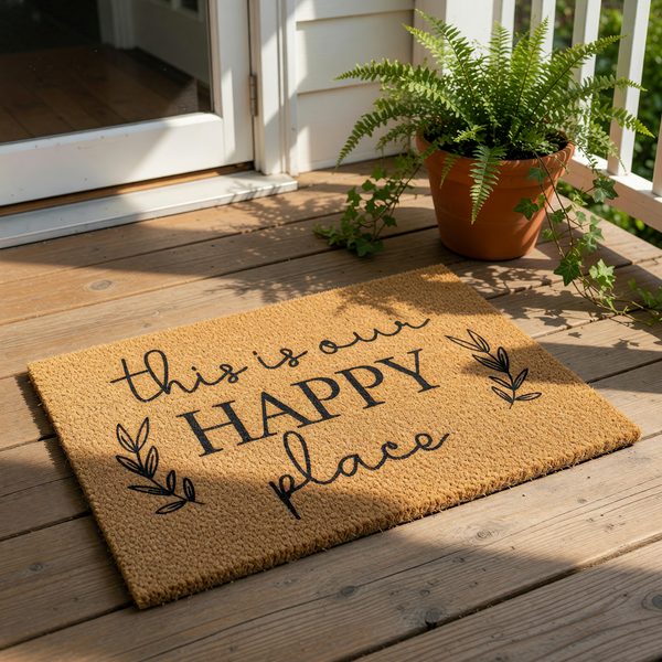 A textured area rug with the phrase "This is our happy place" printed on it.