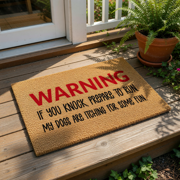 a warning sign with the text "WARNING IF YOU KNOCK PREPARE TO RUN MY DOGS ARE TCHING FOR SOME FUN" in bold red letters.