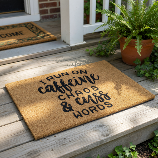 a textured area rug with the phrase "I run on caffeine chaos & cuss words" printed on it.