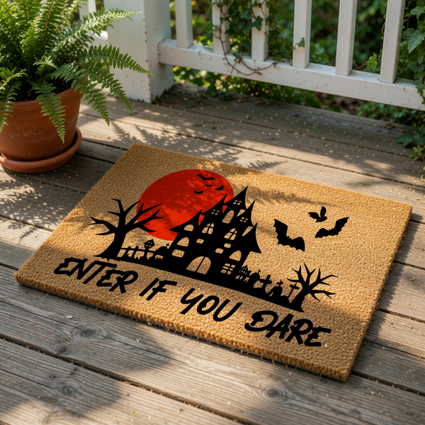 A Halloween-themed doormat with a castle silhouette, bats, and a large orange moon.
