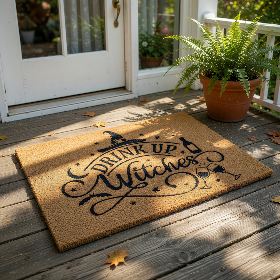 A door mat with the text "DRINK UP WITCHES" printed on it, along with a witch's hat and wine glasses.