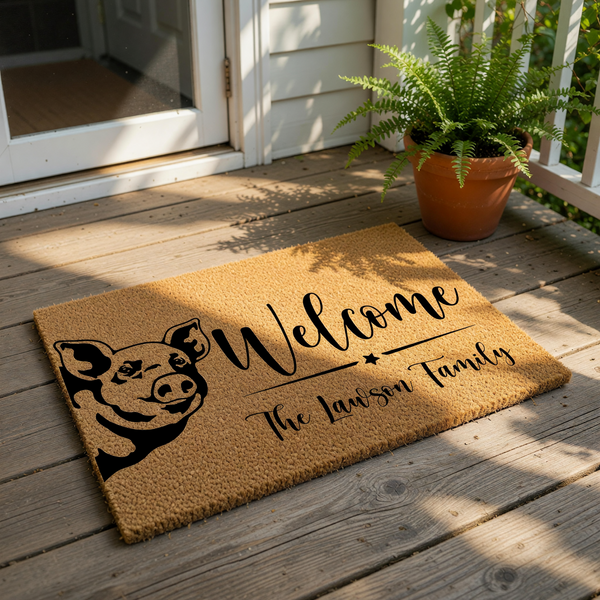 A welcome mat with a pig illustration and the text "Welcome The Lawson Family" printed on it.