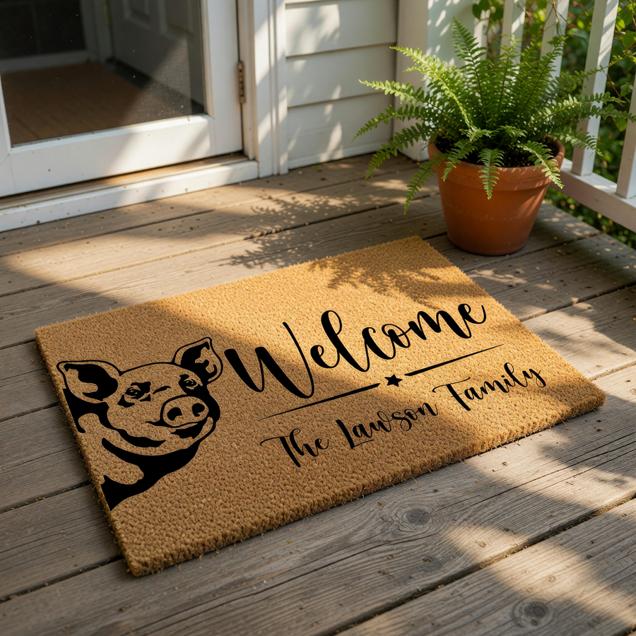 A welcome mat with a pig illustration and the text "Welcome The Lawson Family" printed on it.