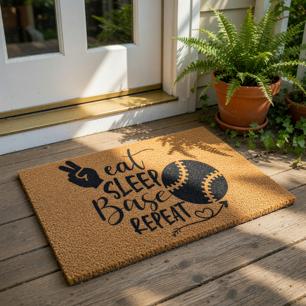 A door mat with a humorous text that says "eat sleep base repeat" along with a peace sign and a baseball graphic.