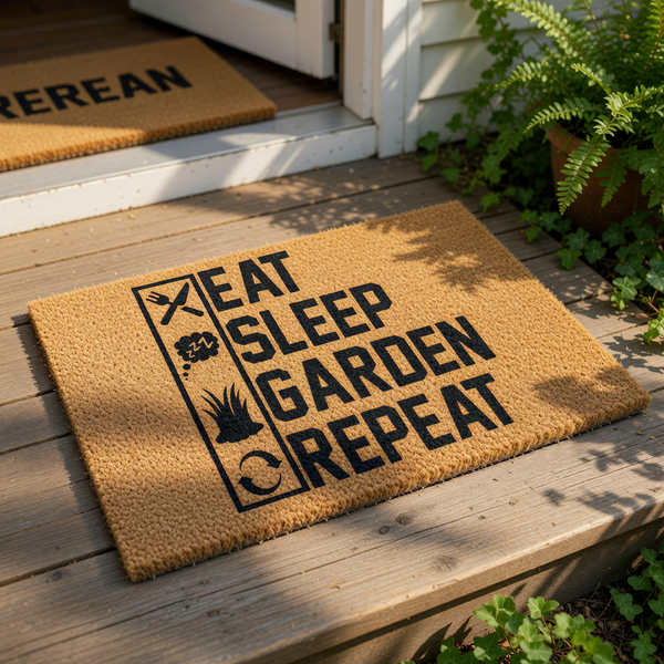 A door mat with the text "EAT SLEEP GARDEN REPEAT" printed on it, placed on a tiled floor in front of a door with a window.