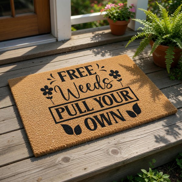 A door mat with the text "FREE Weeds pull your own" printed on it.