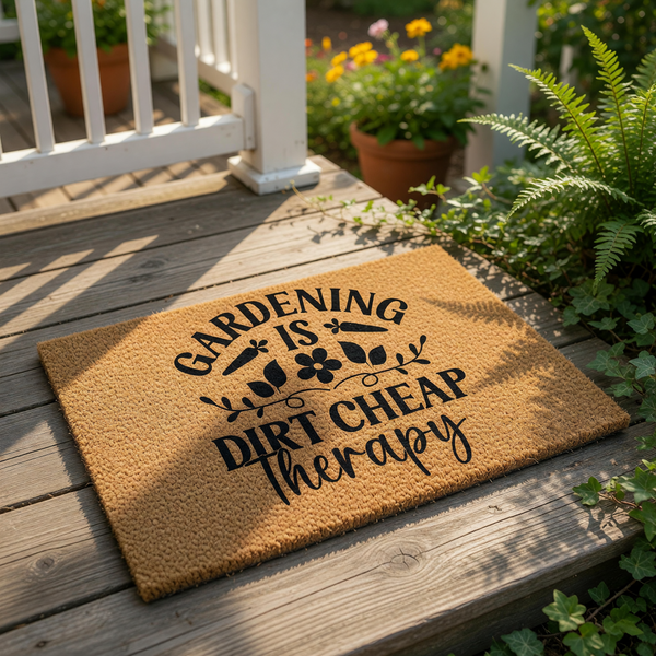A wooden door mat with the text "GARDENING IS DIRTY CHEAP THERAPY" printed on it.