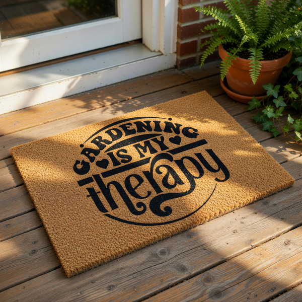 A door mat with the text "GARDENING IS MY THERAPY" printed on it.
