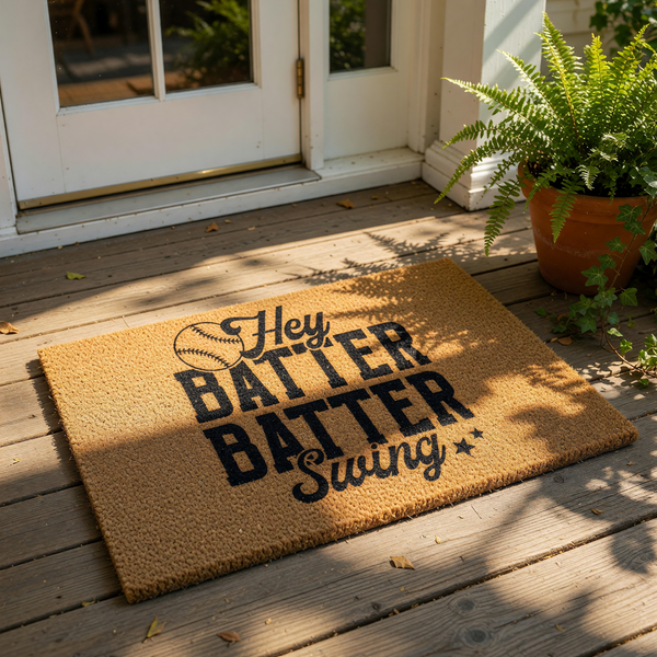 A door mat with the text "Hey Batter, Batter Swing" printed on it.