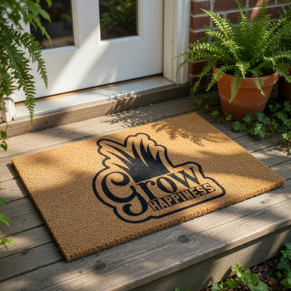 A person holding a door mat with the text "Grow Happiness" printed on it, standing next to a vase of flowers.