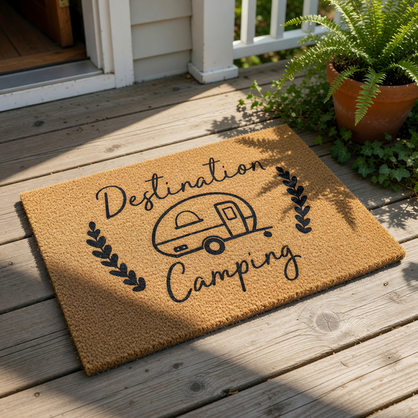 A carpet with a logo for "Destination Camping" and a small circular logo with text that says "WOOD BY STU EST. 2010".