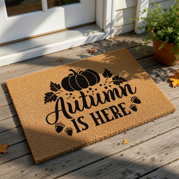 A textured door mat with the phrase "Autumn is here" printed on it, along with a pumpkin and leaves.