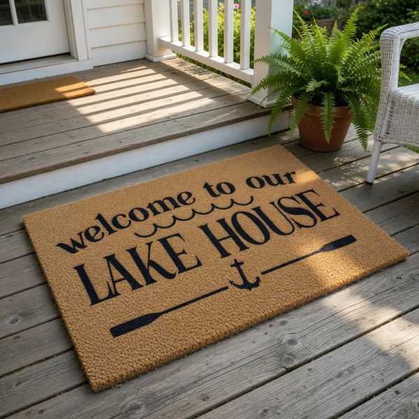 A welcome mat with the text "welcome to our lake house" printed on it.