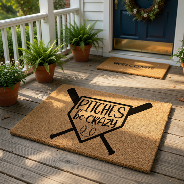 A wooden door mat with the text "PITCHES BE CRAZY" printed on it, along with baseball bats and a baseball.