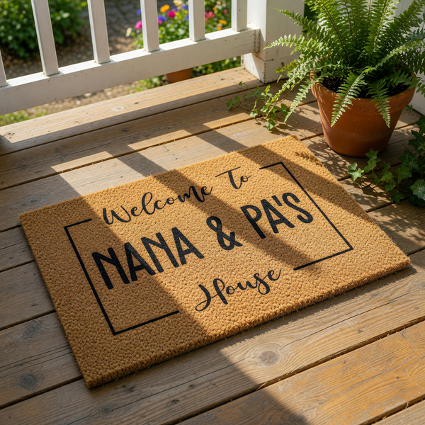 A welcome mat with the text "Welcome To Nana & Papa's House" printed on it.