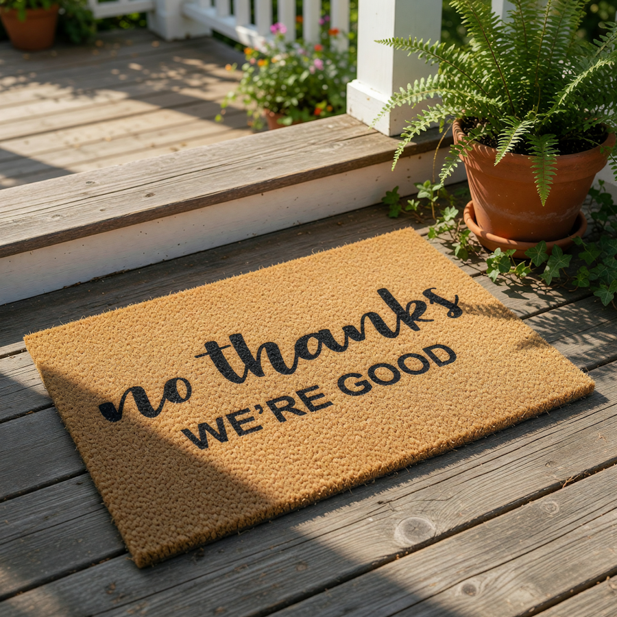 A textured doormat with the phrase "no thanks we're good" printed on it.
