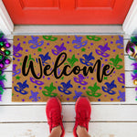 a welcome mat hanging on the side of a door