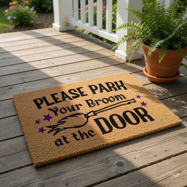 A textured door mat with the text "PLEASE PARK Your Broom at the DOOR" printed on it.