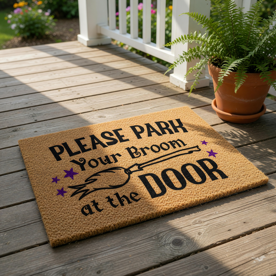 A textured door mat with the text "PLEASE PARK Your Broom at the DOOR" printed on it.