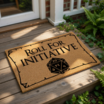 A door mat with the text "Roll For Initiative" printed on it, along with a dice graphic.