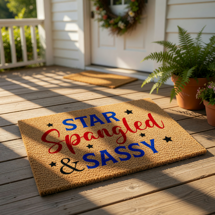 A textured doormat with the text "STAR SPANGLEED & SASSY" printed on it.