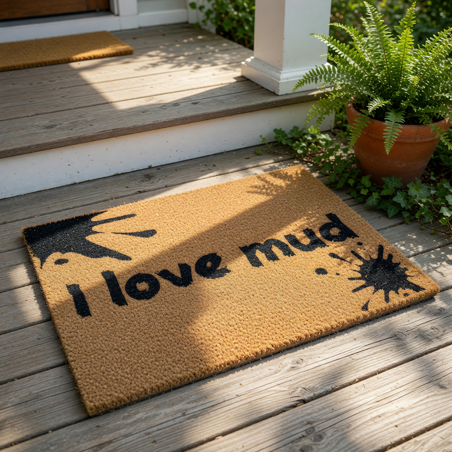 A textured area rug with the phrase "I love mud" printed on it.