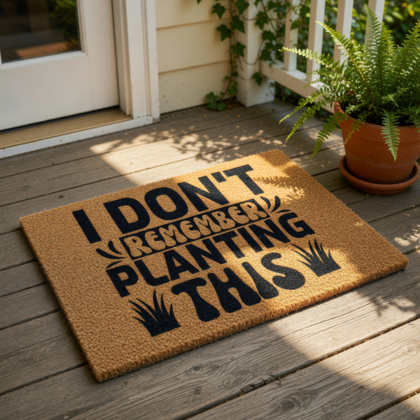 A door mat with the text "I DON'T REMEMBER PLANTING THIS" printed on it.