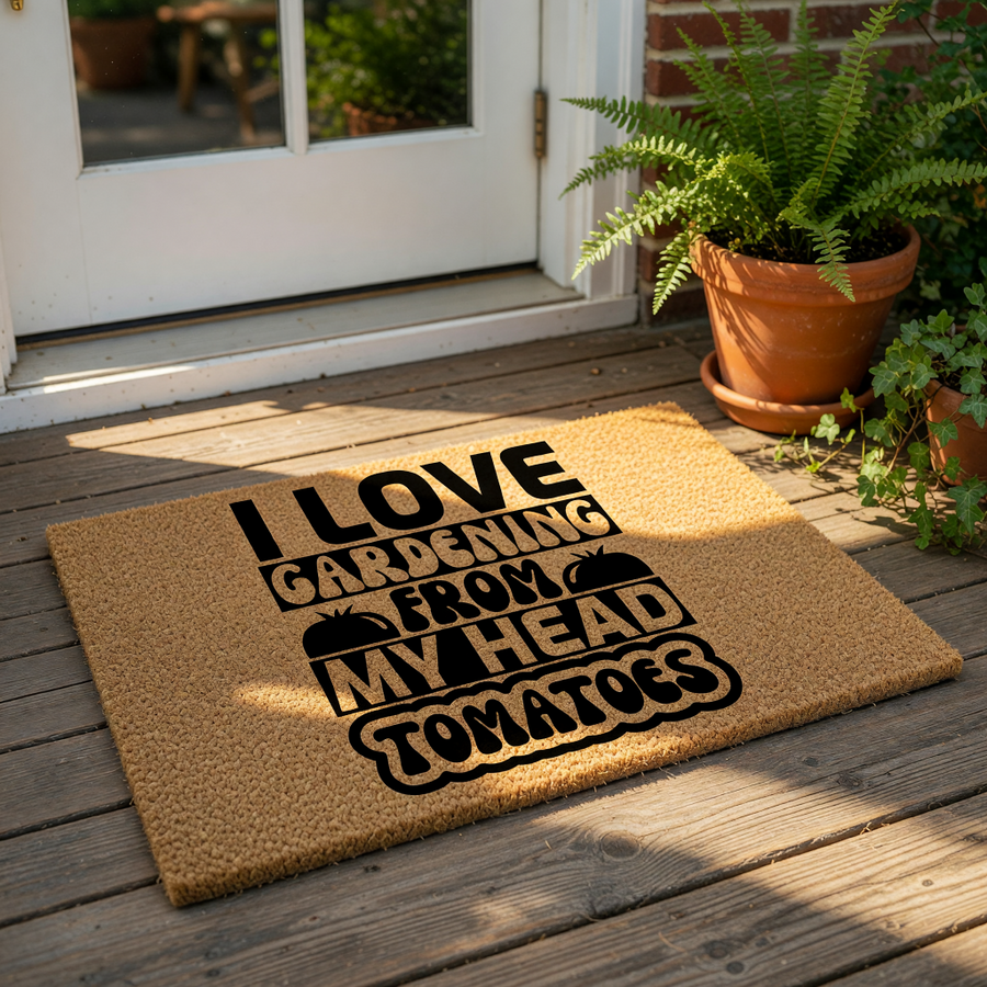 A door mat with a humorous text that says "I LOVE GARDENING FROM MY HEAD TOMATOES" printed on it, surrounded by decorative elements such as pumpkins, flowers, and a glass globe.