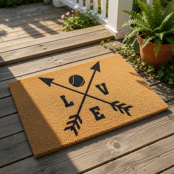 A wooden door mat with a black graphic design featuring an arrow and a tennis ball, along with the word "LOVE" written below.