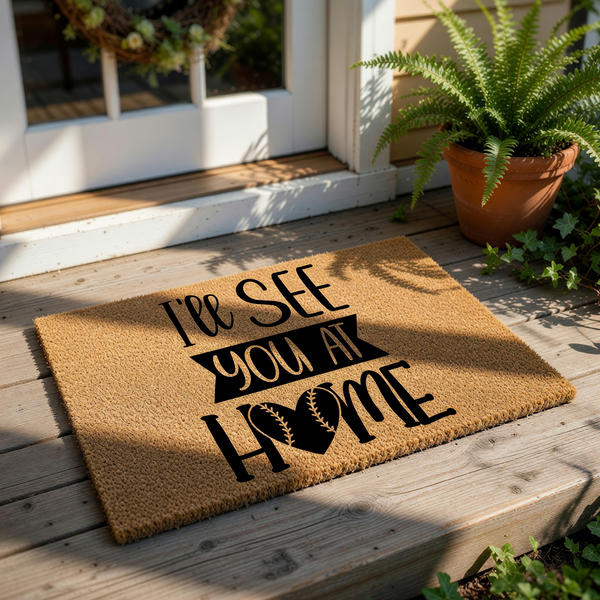 A door mat with the text "I'll See You at Home" printed on it.