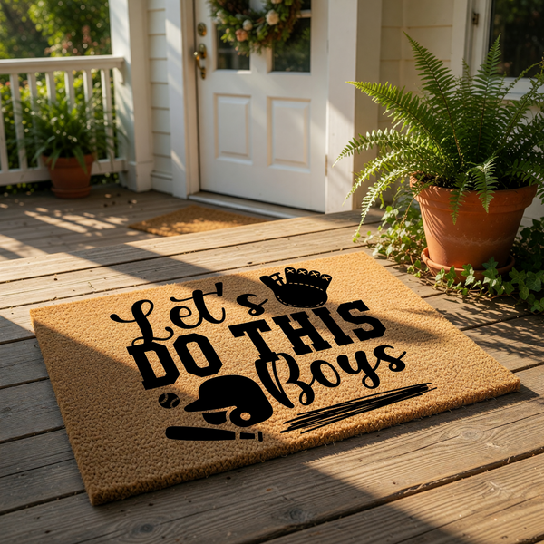 A door mat with the text "Let's DO this BOYS" printed on it, along with various baseball-related icons such as a baseball glove, a baseball bat, and a baseball.