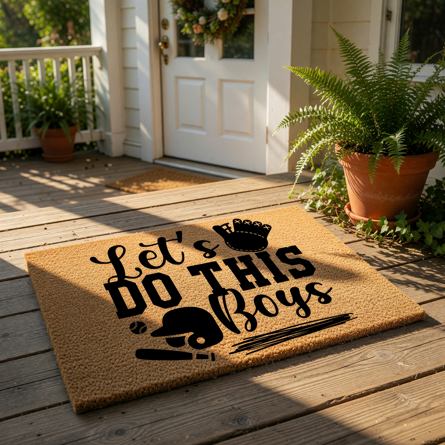 A door mat with the text "Let's DO this BOYS" printed on it, along with various baseball-related icons such as a baseball glove, a baseball bat, and a baseball.