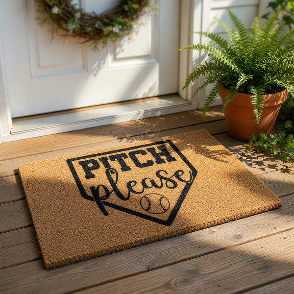 A door mat with the text "PITCH please" printed on it, along with a baseball graphic.