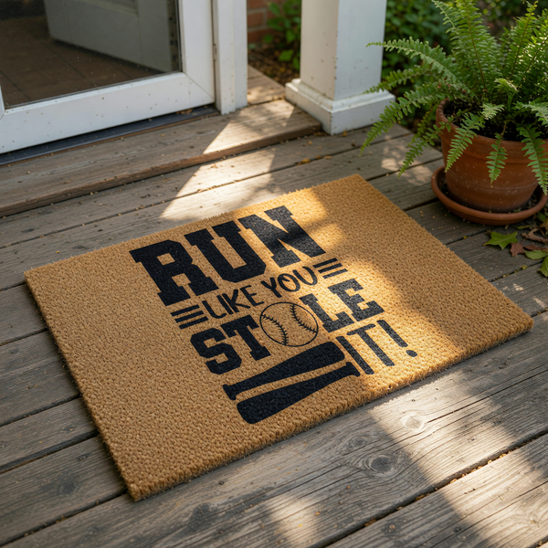 A door mat with the text "RUN LIKE YOU STOLED IT!" printed on it, along with a baseball graphic.