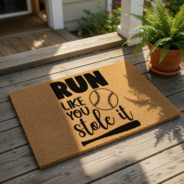 A wooden door mat with a baseball-themed design and the text "RUN LIKE YOU STOLED IT" printed on it.