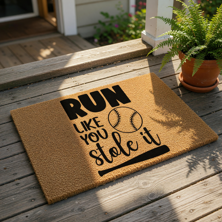 A wooden door mat with a baseball-themed design and the text "RUN LIKE YOU STOLED IT" printed on it.