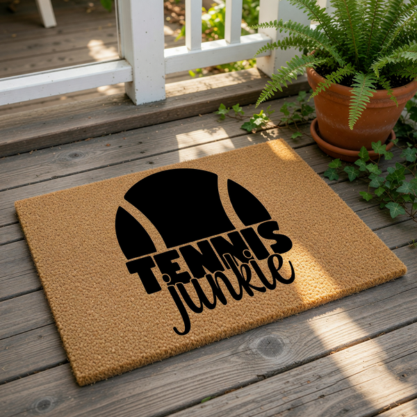 A wooden door mat with the text "Tennis Junkie" printed on it.