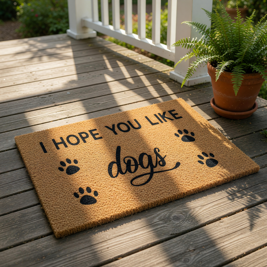 A beige doormat with the text "I HOPE YOU LIKE dogs" and four paw prints.