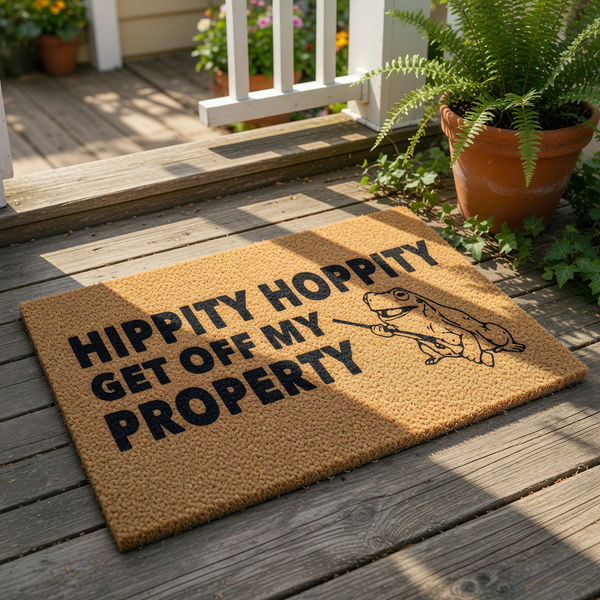 A textured doormat with the text "Hippity Hoppy Get off my Property" printed on it, along with a small illustration of a frog holding a stick.