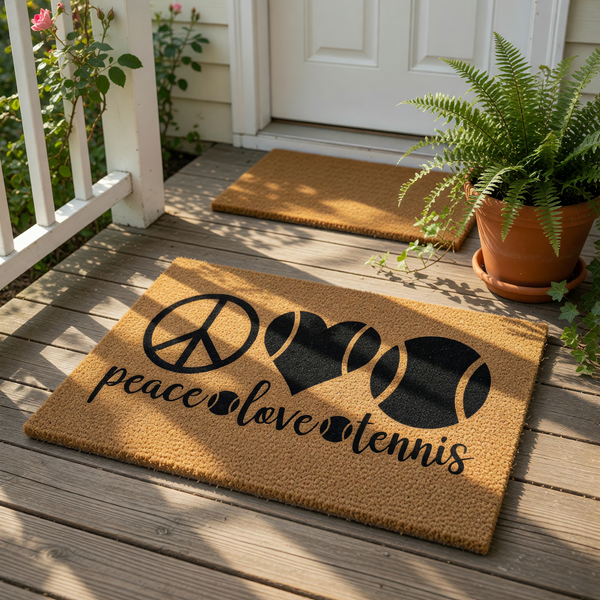 A door mat with the text "Peace love tennis" printed on it, featuring a peace sign, a heart, and a tennis ball.
