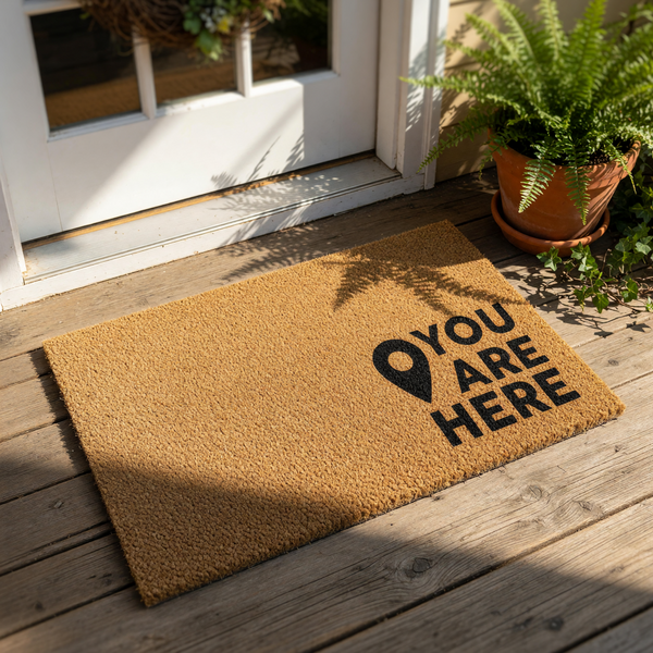 A beige doormat with the text "YOU ARE HERE" printed on it, along with a logo and text on the top left corner.