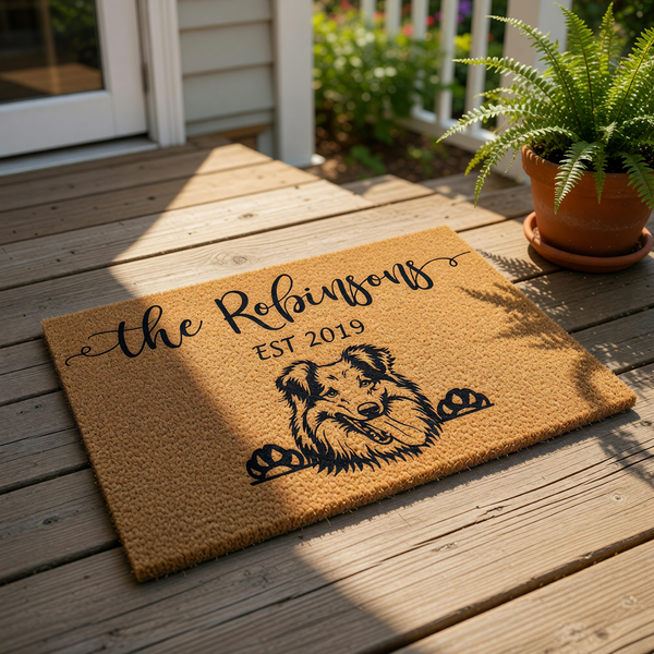 a rectangular, beige-colored doormat with a black graphic design on it.