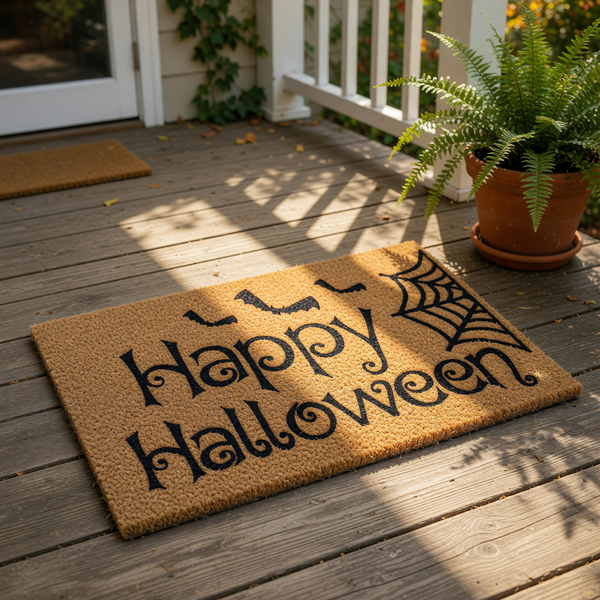 A door mat with the text "Happy Halloween" printed on it, along with a spider web design.