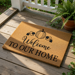 A textured door mat with the text "Welcome to our Home" printed on it.