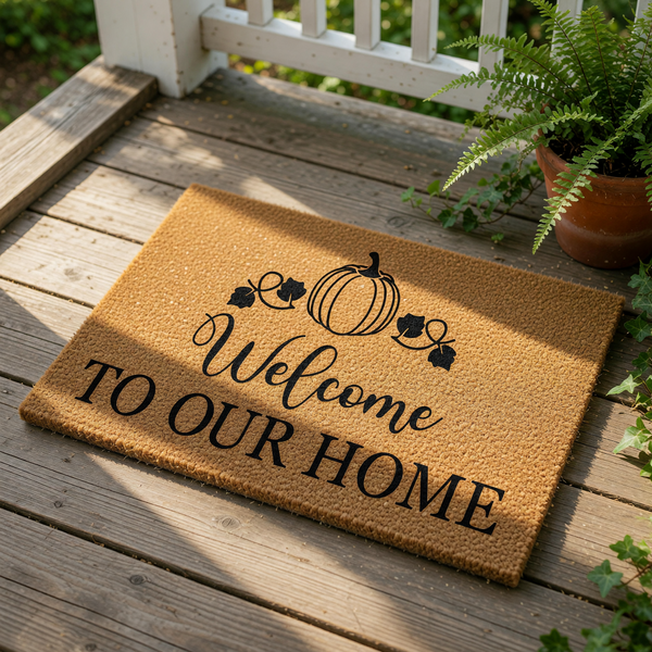 A textured door mat with the text "Welcome to our Home" printed on it.