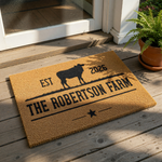 a mat with a logo for "The Robertson Farm" and a cow silhouette.