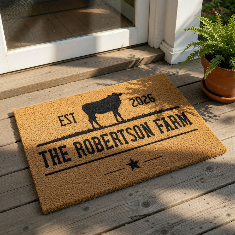a mat with a logo for "The Robertson Farm" and a cow silhouette.