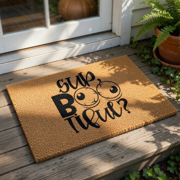 A door mat with a humorous text design that reads "SUP BOO TIEU?"