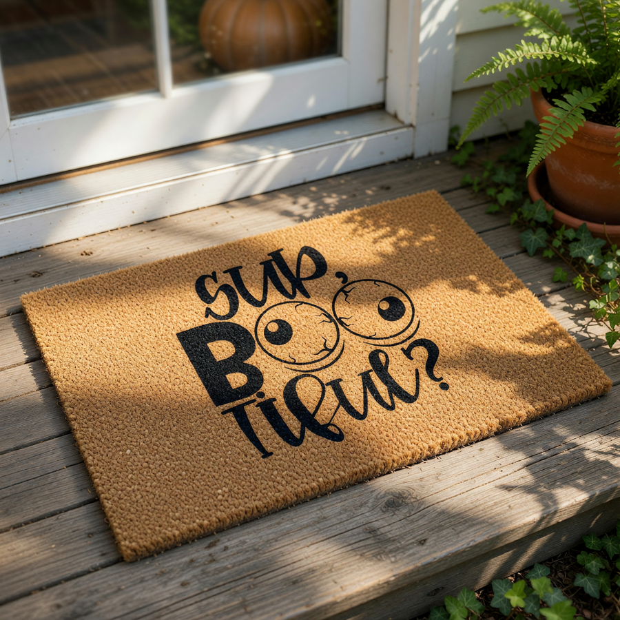 A door mat with a humorous text design that reads "SUP BOO TIEU?"