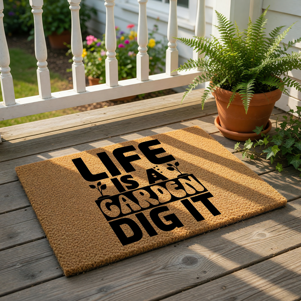 A person holding a sign with the text "LIFE IS A GARDEN DIG IT" in front of a vase of flowers.